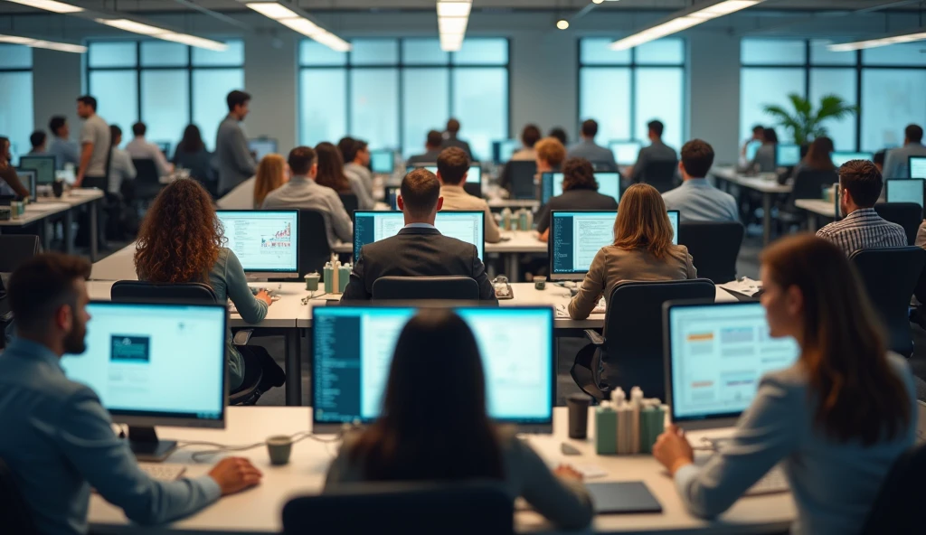 High-quality photograph of a офис с кучей работников. detailed faces. Individual workstations.