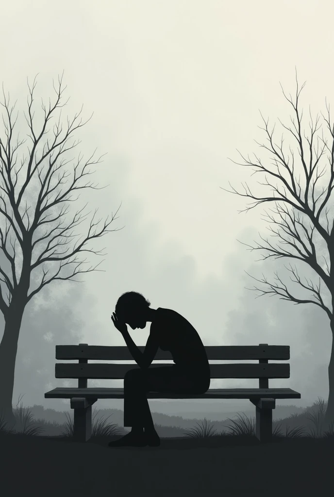 A minimalist image in shades of gray, showing a person sitting alone on an empty park bench, seen from the side, slightly bent forward, with elbows resting on knees and hands clasped, conveying introspection and melancholy. In the background, trees with few leaves, dark and slightly out of focus, create a feeling of emptiness and solitude. The overcast sky, with heavy clouds, without rain, represents silent sadness and longing. Soft lighting highlights subtle shadows, accentuating the loneliness of the moment.