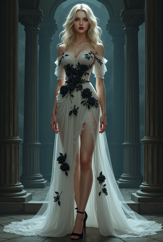 Julie Bell illustration, a picture of a female vampire, exquisite beauty, full body shot, dark glamour shot, pale white skin, dark blond hair, long hair, wavy hair, blood red lips, glowing grey eyes, she wears a (white lace dress: 1.3) exquisite, beautiful, half sheer dress, ((white lace: 1.5)) dress (intense details, Masterpiece, best quality: 1.5), ArmoredDress, the roses are imprinted on the dress (black: 1.4) black roses betmd, high heells, dark castle porchm, dark, black and color