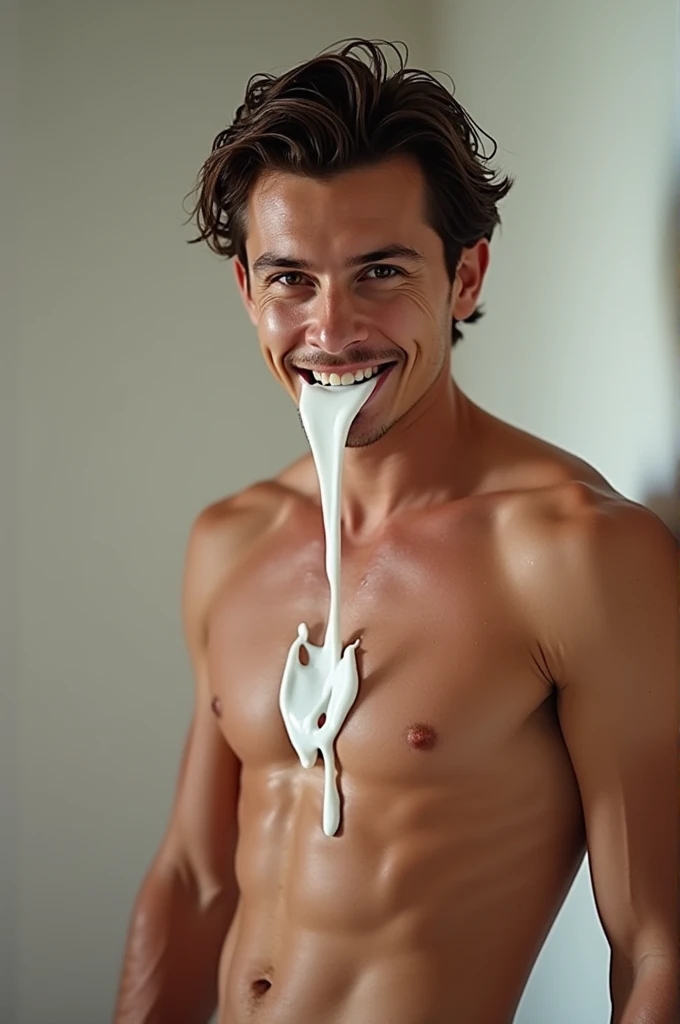 Tom Holland in a very short swimsuit with milk in his mouth