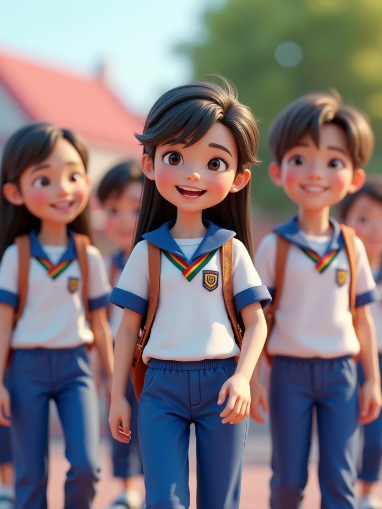 An ultra-realistic 3D image of a group of diverse students, aged 10 to 18, wearing school uniforms that match the provided design. The uniforms consist of white shirts with blue trim on the sleeves and collar, featuring three intertwined thin stripes—red, green, and yellow—across the chest, along with blue pants. The shirts also include a crest or emblem similar to the one shown in the image. The students are captured in an outdoor setting, engaging in joyful activities like laughing, talking, and studying together. The characters are rendered with lifelike details, including realistic facial expressions and textures. The scene is bright and inviting, with subtle decorations in the background promoting Statewide Student Week. The image is rendered in 8K resolution, ideal for a promotional campaign."