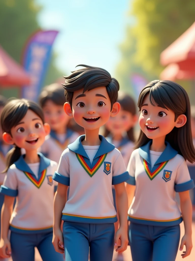 An ultra-realistic 3D image of a group of diverse students, aged 10 to 18, wearing school uniforms that match the provided design. The uniforms consist of white shirts with blue trim on the sleeves and collar, featuring three intertwined thin stripes—red, green, and yellow—across the chest, along with blue pants. The shirts also include a crest or emblem similar to the one shown in the image. The students are captured in an outdoor setting, engaging in joyful activities like laughing, talking, and studying together. The characters are rendered with lifelike details, including realistic facial expressions and textures. The scene is bright and inviting, with subtle decorations in the background promoting Statewide Student Week. The image is rendered in 8K resolution, ideal for a promotional campaign."