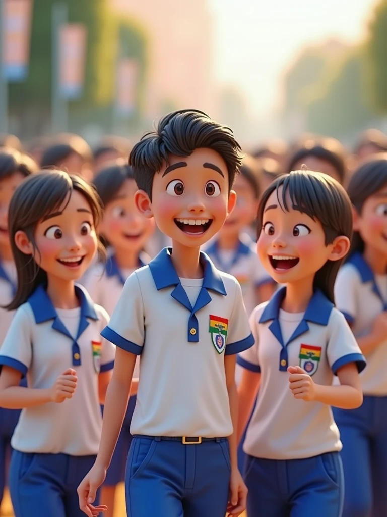An ultra-realistic 3D image of a group of diverse students, aged 10 to 18, wearing school uniforms that match the provided design. The uniforms consist of white shirts with blue trim on the sleeves and collar, featuring three intertwined thin stripes—red, green, and yellow—across the chest, along with blue pants. The shirts also include a crest or emblem similar to the one shown in the image. The students are captured in an outdoor setting, engaging in joyful activities like laughing, talking, and studying together. The characters are rendered with lifelike details, including realistic facial expressions and textures. The scene is bright and inviting, with subtle decorations in the background promoting Statewide Student Week. The image is rendered in 8K resolution, ideal for a promotional campaign."