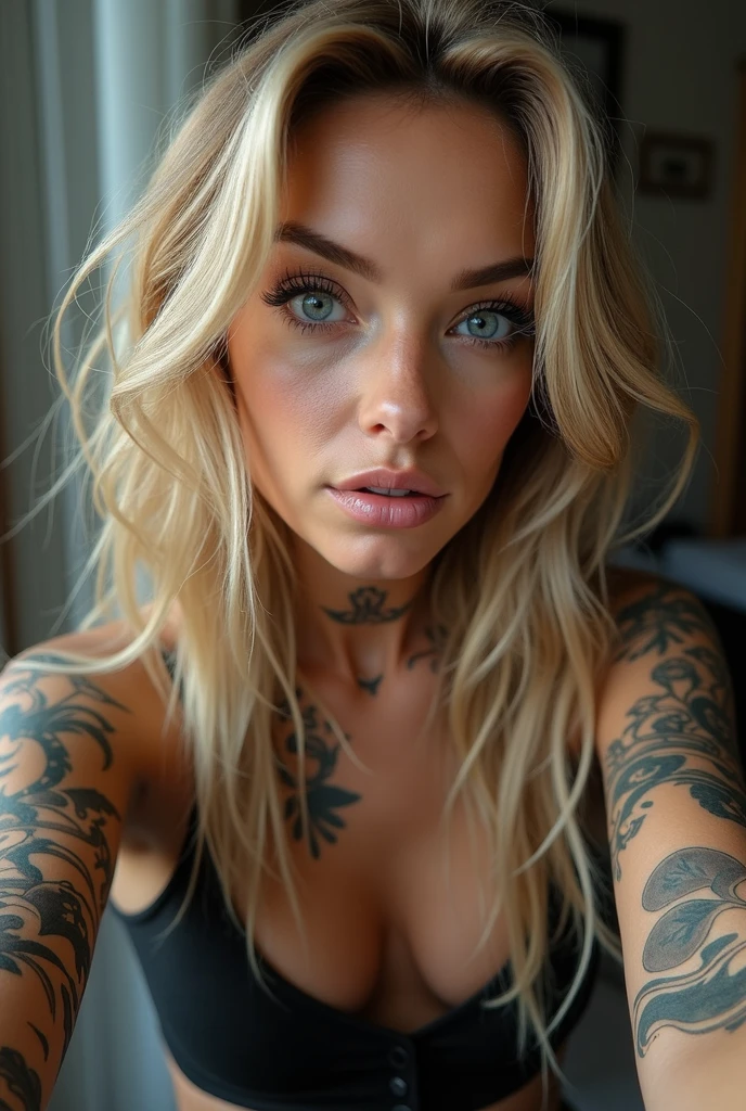 selfie, clin d'œil, jolie femme au visage de bébé, expression attrayante et séduisante, Timide, Cheveux blonds raides, front, se maquiller, yeux bleus, proportion corporelle superlative, couvert de tatouages, portant une chemise en tricot ample, pantalon en cuir moulant, Bottes d'ingénieur, Artistique, Hyper, art numérique graphique CG TATOUE