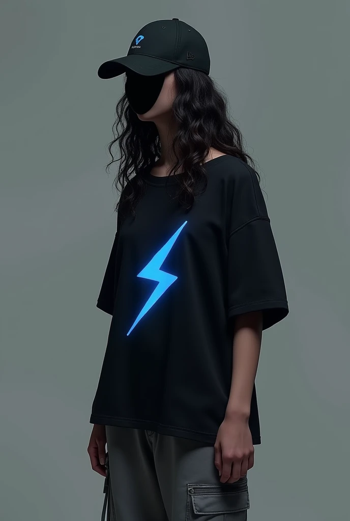I want to make a game character. A girl with wavy long hair wearing a cap which is hiding her face. She is wearing a black oversized shirt and grey cargo pants. A lightning symbol in blue colour is there the black shirt of hers. This is a mysterious character and she is playing the role of mastermind in my game. The cap is hiding her face. She has a big oval shaped face. She is standing facing the right side. She has long hair.