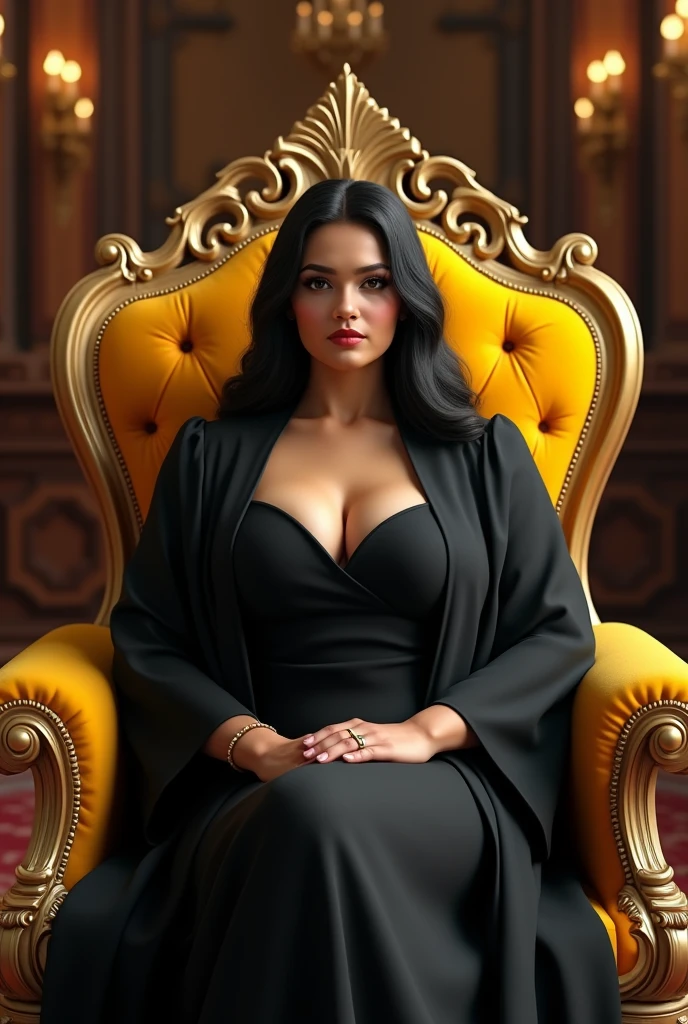 wearing black full body Academic regalia (big breasts 1.2,butt ) beautiful sri lankan wealthy girl foward sit in chair( indian yellow color)