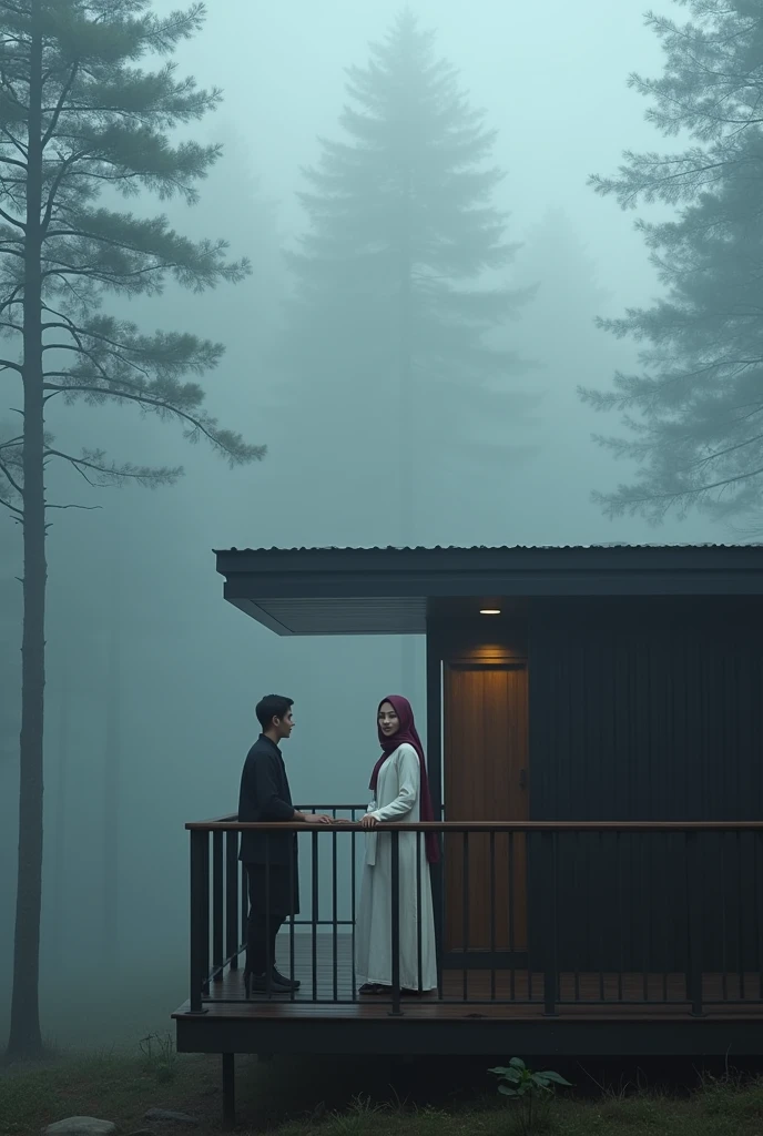A Asian woman wearing long hijab, wearing a white sweater and pants, stands on the deck of a small, modern cabin with a dark, minimalist design, metal roof, and wooden walls. She has a scarf around his neck and leans casually against the railing, gazing warmly into the camera. Pose with a man together, The cabin is surrounded by tall trees in a dense, misty forest, with trunks and branches barely visible through the thick fog. The atmosphere is serene, mysterious, slightly eerie, evoking solitude and a deep connection with nature.