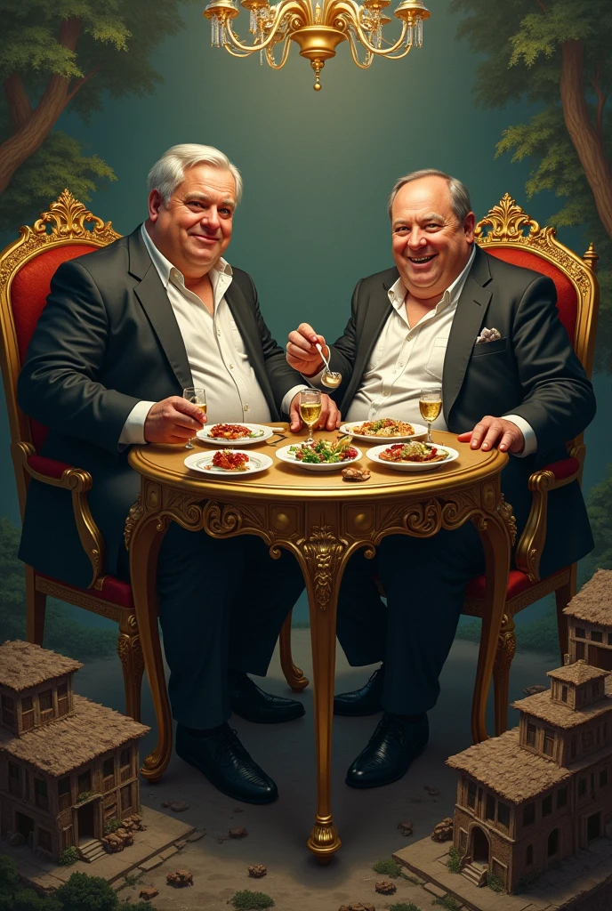 2 fat rich people sitting at a table eating dinner on top of poor people with bad houses