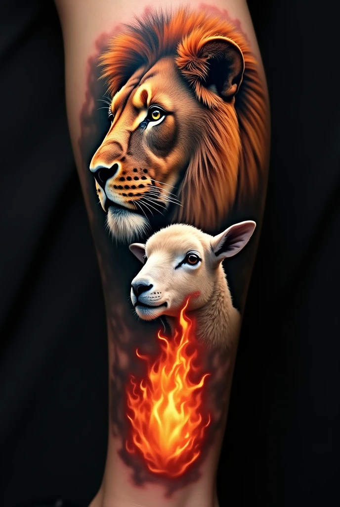 Tattoo of a lion's face looking to the left. A lamb's face below looking to the right and a large flame between them.