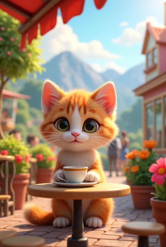 { "size": "1024x1024", "prompt": "A cute 3D kitten, inspired by the animation styles of Pixar and DreamWorks. The kitten has big, expressive eyes, soft fur, and a playful expression. The fur color is random, with possible mixes like light orange, white, gray, black, or a combination. The kitten is sitting at a small table in a charming outdoor bistro, holding a tiny coffee cup with both paws. The bistro is set in a vibrant, interactive landscape, with colorful flowers, lush green trees, and a gentle breeze. In the background, there's a beautiful view of distant mountains or a scenic park, with people casually walking by or enjoying their day. The scene is lively and heartwarming, capturing a peaceful, whimsical moment of the kitten enjoying a coffee in a beautiful, open-air setting." }
