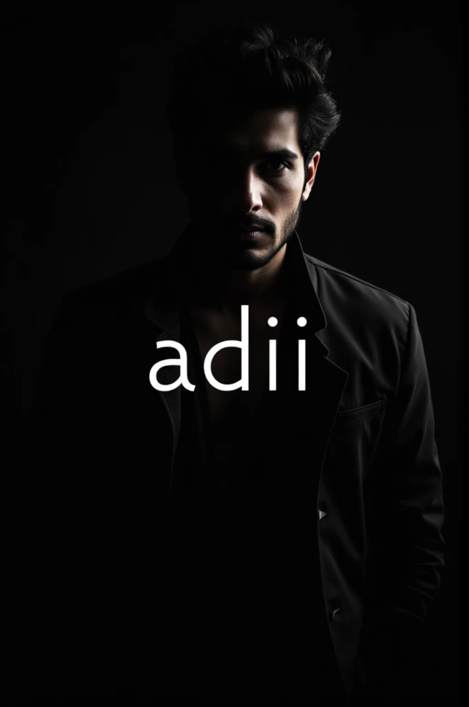 Create an Instagram profile picture with a black background. Place the text 'adii' in white, centered and subtly blended into the background. Include a professional man wearing a stylish jacket, with his face partially hidden in shadow, exuding an attractive and mysterious vibe. The overall aesthetic should be sleek and modern."