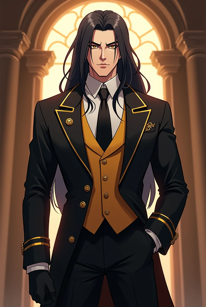 Create an anime style image of my character: It's called Dahak, lives on earth. stomach 1.97, Her hair is black and long to her waist. Her skin is white with pink undertones.. His eyes are golden and his pupils are slanted. He is 2. His body type is inverted triangle. (shoulders wider than hips), Your somatotype is mesomorphic, He is muscular and strong. He has a serious and attractive expression.. He is dressed in an elegant black suit with gold details., and a yellow vest. His jacket has a gold chain clasp.. It has no horns or wings.. He has black leather gloves on his hands.. She has bushy eyebrows and thick, beautiful eyelashes.. He is very handsome. And it's in his 1800's Victorian style mansion. He looks handsome. And his features are masculine.