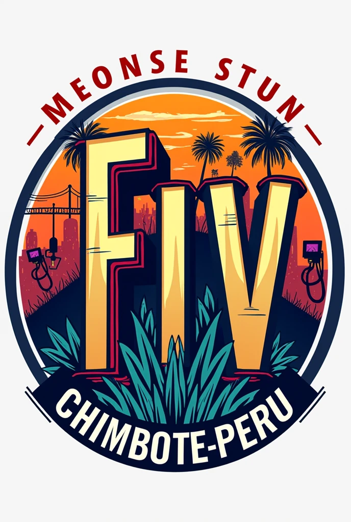 A logo of a gas station called FIV, with capital letters, using bright colors and its location Chimbote-Peru, You can put drawings like something allusive to a gas station, Try to make everything go in a circle and underneath say Chimbote-Peru, Other colors