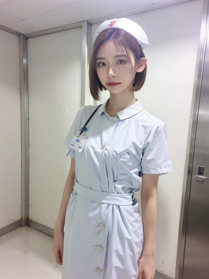 woman, alone, (Wearing white nurse clothes:1.2), Bobcut, nurse, Perfect Anatomy, nurse uniform, (Nurse cap), (White costume), Long skirt, hospital, Upper Body,