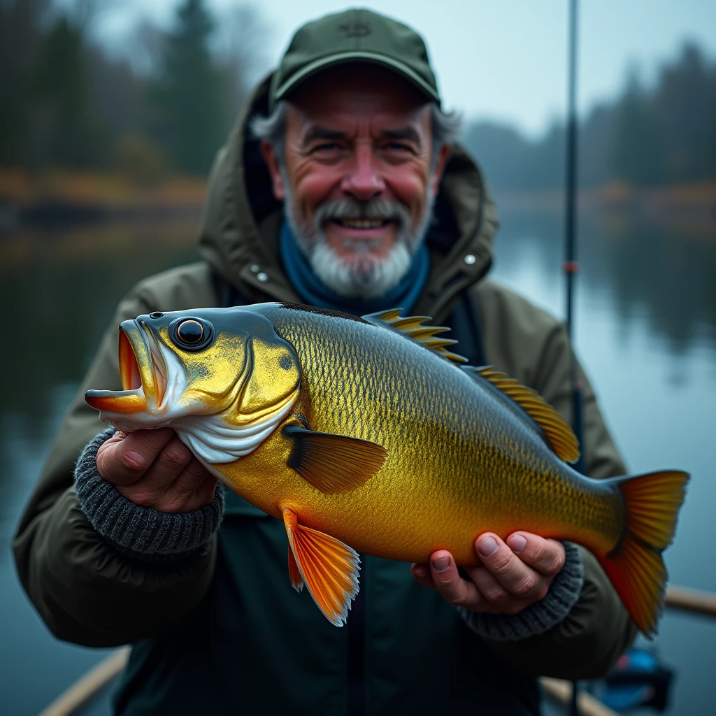 An angler shows off his catch of the day with a smile of satisfaction and pride on his face. Use close-up to capture the expressions and fish. Beautiful cinematic lighting, surreal, color graded, dynamic movement, captivating chiaroscuro, full body, award-winning, cinematic still, emotional, vignette, dynamic, vivid, (masterpiece, best quality, photorealistic, Professional, perfect composition, very aesthetic, absurdres, ultra-detailed, intricate details:1.3)
