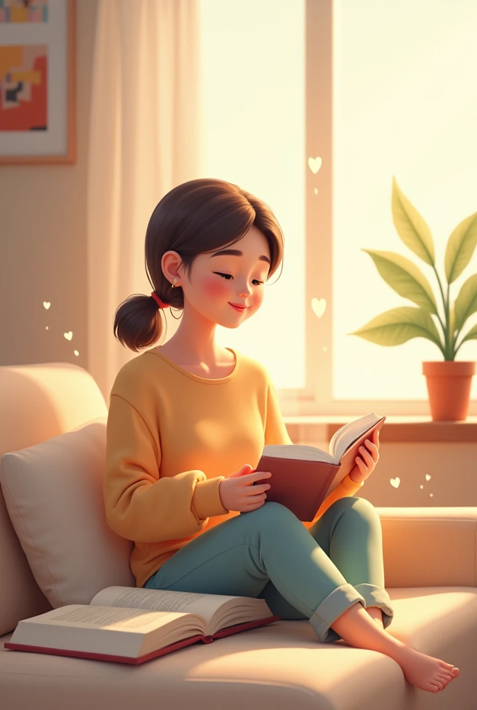 A person sitting contentedly in a cozy, minimalist living space, surrounded by simple pleasures: a warm cup of coffee, a book, a small plant, and soft natural light streaming through a window. The person has a relaxed, peaceful expression, enjoying the moment. The background includes a few floating hearts or gentle sparkles, subtly representing happiness and warmth. The overall scene is calm and inviting, with soft, warm colors that evoke comfort and joy in simplicity. The atmosphere radiates a sense of contentment, emphasizing the beauty of finding happiness in the little things..