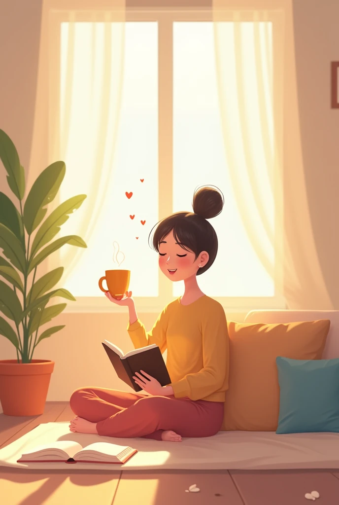 A person sitting contentedly in a cozy, minimalist living space, surrounded by simple pleasures: a warm cup of coffee, a book, a small plant, and soft natural light streaming through a window. The person has a relaxed, peaceful expression, enjoying the moment. The background includes a few floating hearts or gentle sparkles, subtly representing happiness and warmth. The overall scene is calm and inviting, with soft, warm colors that evoke comfort and joy in simplicity. The atmosphere radiates a sense of contentment, emphasizing the beauty of finding happiness in the little things..