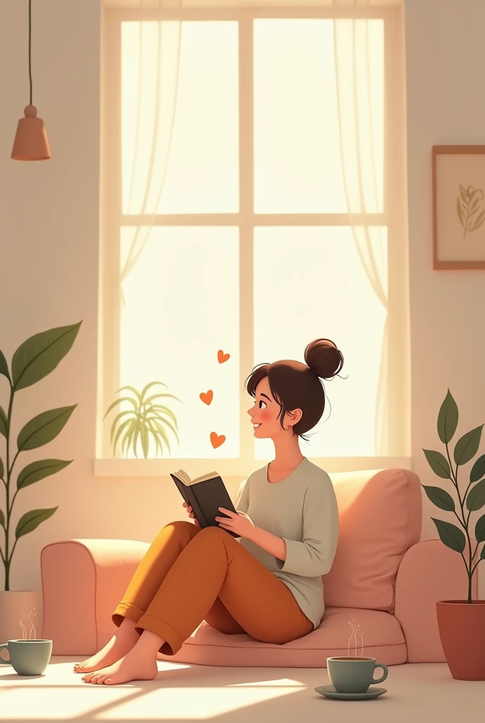 A person sitting contentedly in a cozy, minimalist living space, surrounded by simple pleasures: a warm cup of coffee, a book, a small plant, and soft natural light streaming through a window. The person has a relaxed, peaceful expression, enjoying the moment. The background includes a few floating hearts or gentle sparkles, subtly representing happiness and warmth. The overall scene is calm and inviting, with soft, warm colors that evoke comfort and joy in simplicity. The atmosphere radiates a sense of contentment, emphasizing the beauty of finding happiness in the little things..