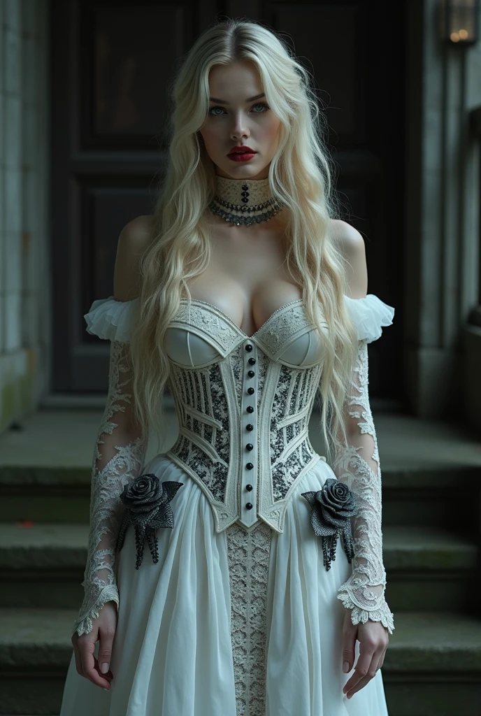 Julie Bell art, of a female vampire, exquisite beauty, full body shot, dark glamour shot, pale white skin, dark blond hair, long hair, wavy hair, blood red lips, glowing grey eyes, she wears a (white lace dress: 1.3) exquisite, beautiful, half sheer dress, ((white lace: 1.5)) dress (intense details, Masterpiece, best quality: 1.5), ArmoredDress, the roses are imprinted on the dress (black: 1.4) black roses betmd, high heells, dark castle porchm, dark, black and color