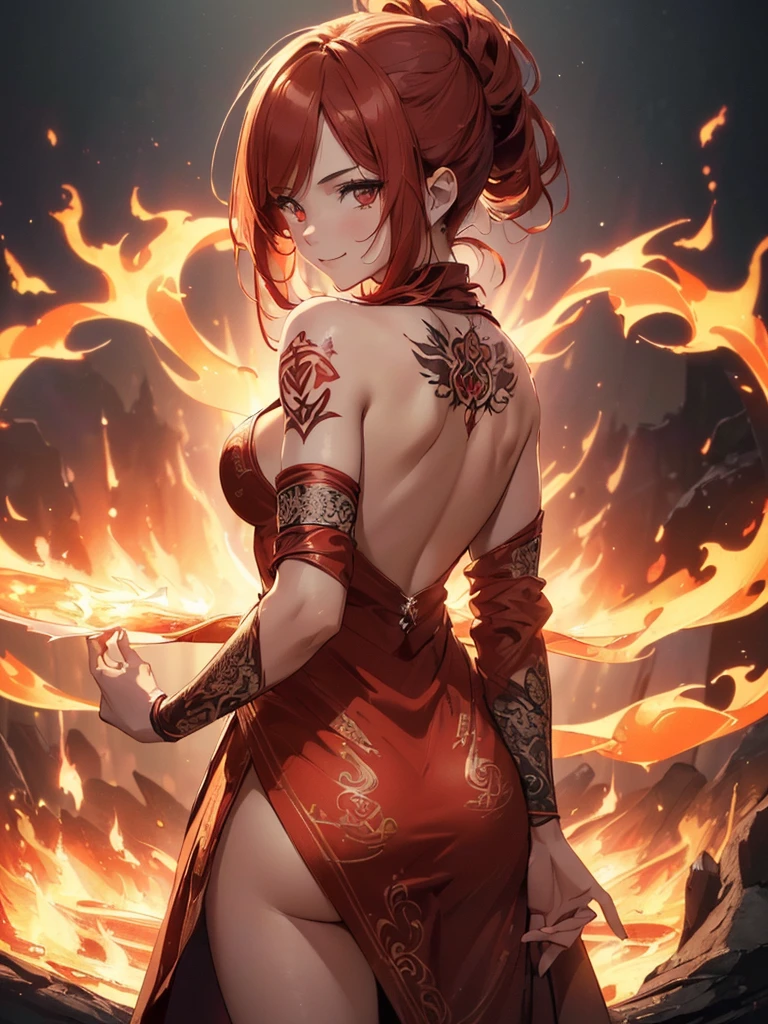 (((best quality, sharp image, clear image, cinematic lighting, 8k resolution, masterpiece, ultra detailed, intricate))) Girl, ((shot from behind)), ((close up)), look at viewer, fire mage, ((intricate background)), ((chaotic background)), red hair, smiling, ((flame runes, flame sigils)), (tatoo on back), slim figure, flying sigils, long dress, cute
