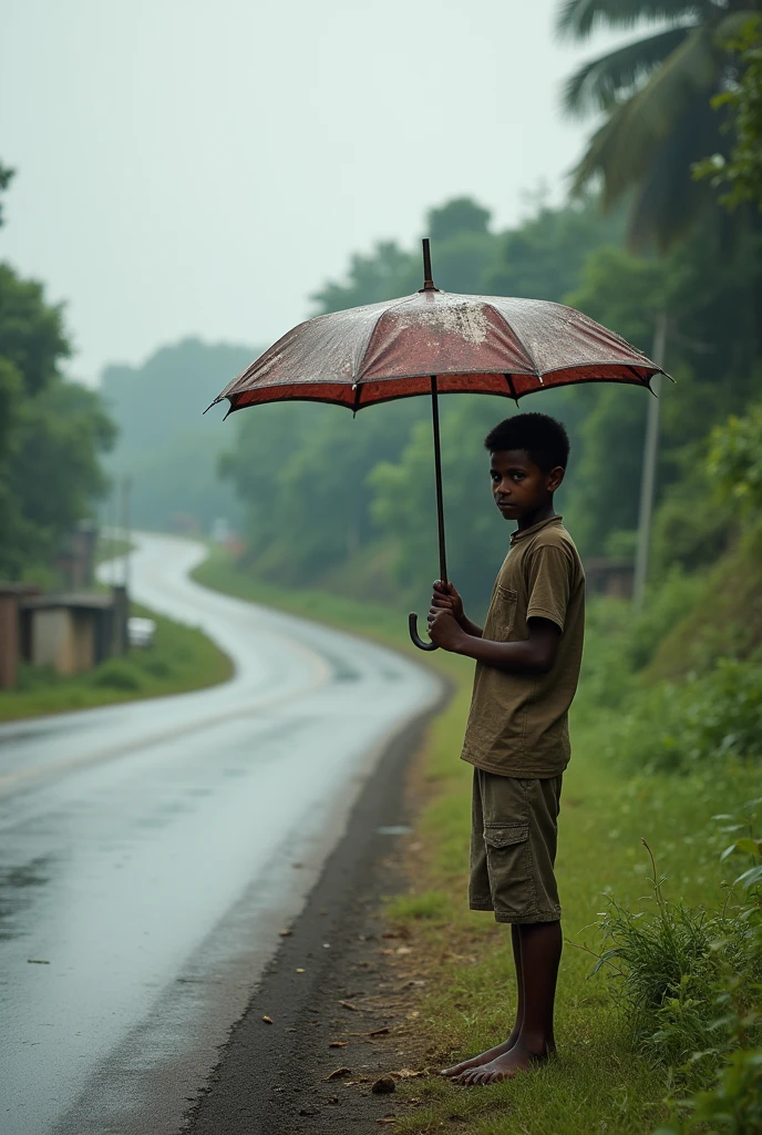 Realistic photo of a Indian boy waiting besides the road with umbrella from long distances