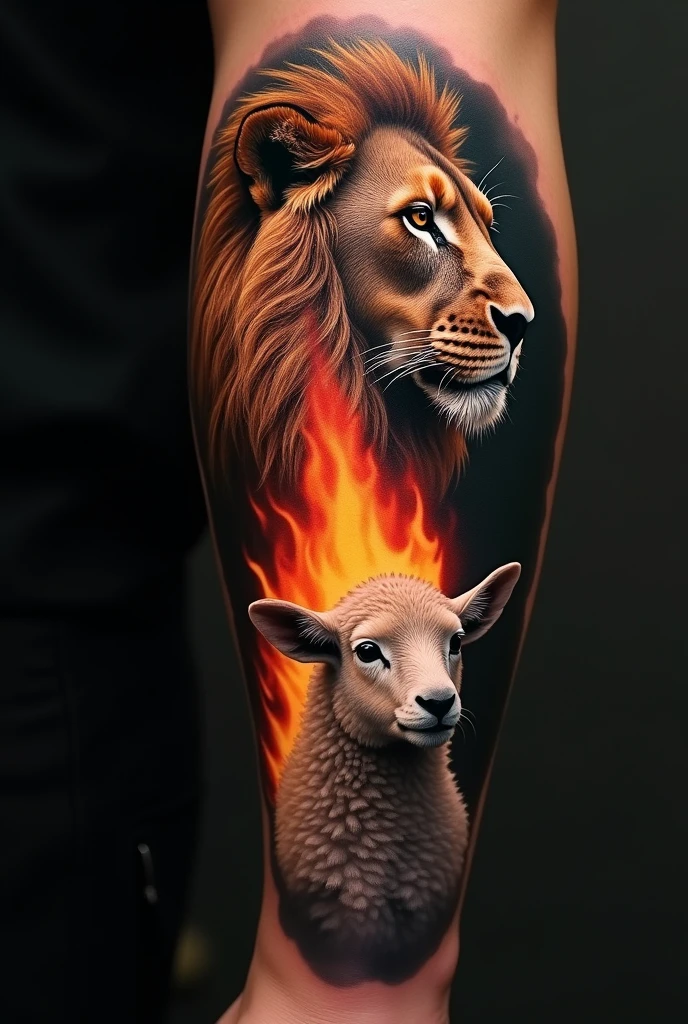  Tattoo of a lion&#39;s face looking to the left. A lamb&#39;s face below looking to the right and a large flame between them.