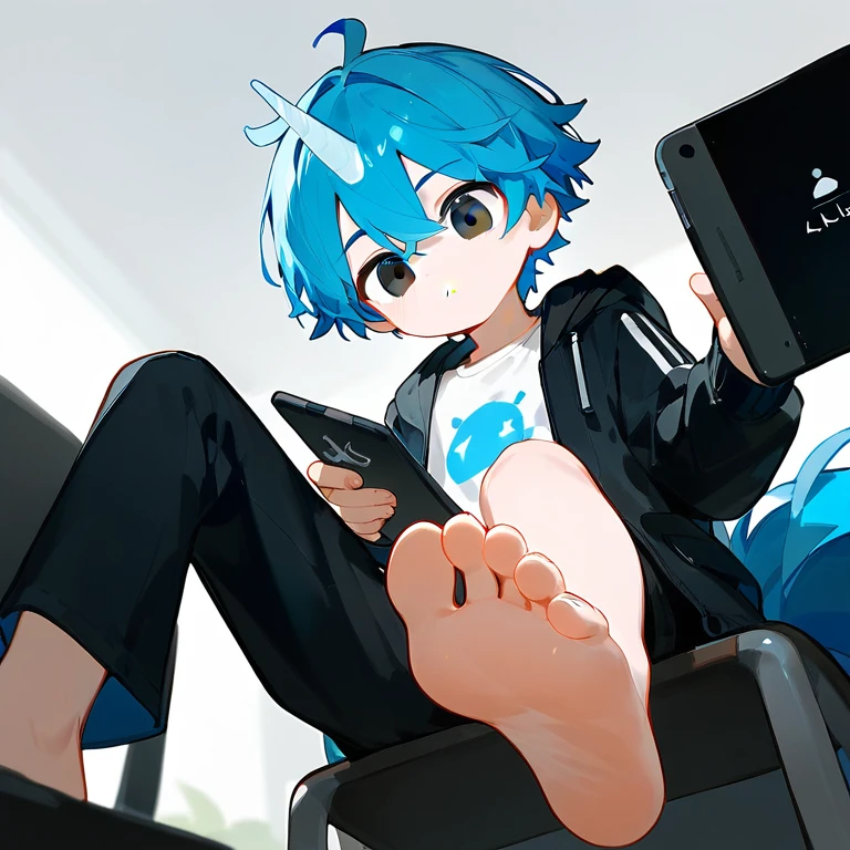 A cute boy sitting on a swivel chair,Alone,Low Angle,Hold the tablet,Holding a pen,black eyes,barefoot,Blue Hair,Blue unicorn,black eyes,White T-shirt,Black jacket,Black pants,Perfect feet,A big foot,Lift one foot,Stand on one foot,(youth)