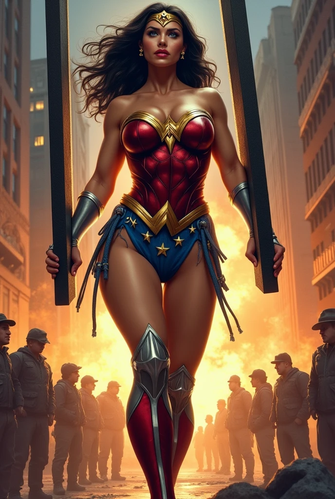 (Masterpiece, Top Quality),1girl ,{{Depth of field}}, Hyper detail, 1woman, (Victoria's Secret Model Wonder Woman), Single, Full Body, (Intricate Details, Makeup), (Delicate and beautiful delicate face, delicate and beautiful delicate eyes, face with perfect proportions), High-detail skin, delicate skin, Best proportions Four fingers and one thumb, strong and realistic blue eyes, realistic black hair, lips, makeup, natural skin texture, tiara, leotard, bulletproof cuffs, red boots, (public clothing:1.3), slightly sunburned, mature, sexy, elastic muscles, (muscles:1.3), ((strong and healthy body)), ((((((more) muscles))), wet body, wet hair, long legs, curves, thick thighs, wide buttocks, thin legs, (big breasts: 1.2), thin waist, soft waist, (delicate skin), (wet body: 1.0), (beautiful and sexy woman), (swollen lips: 0.9), (eyelashes: 1.2), very delicate muscle definition, dynamic pose, LED panel lights arranged in a square shape to mimic existing interior fixtures, urban slums controlled by mafia armed with hacked police weapons such as EMP blasters and taser shotguns, ((top quality)), ((masterpiece)), ((realistic)), (detailed), cinematic lighting, complex, high detail, sharp focus,
