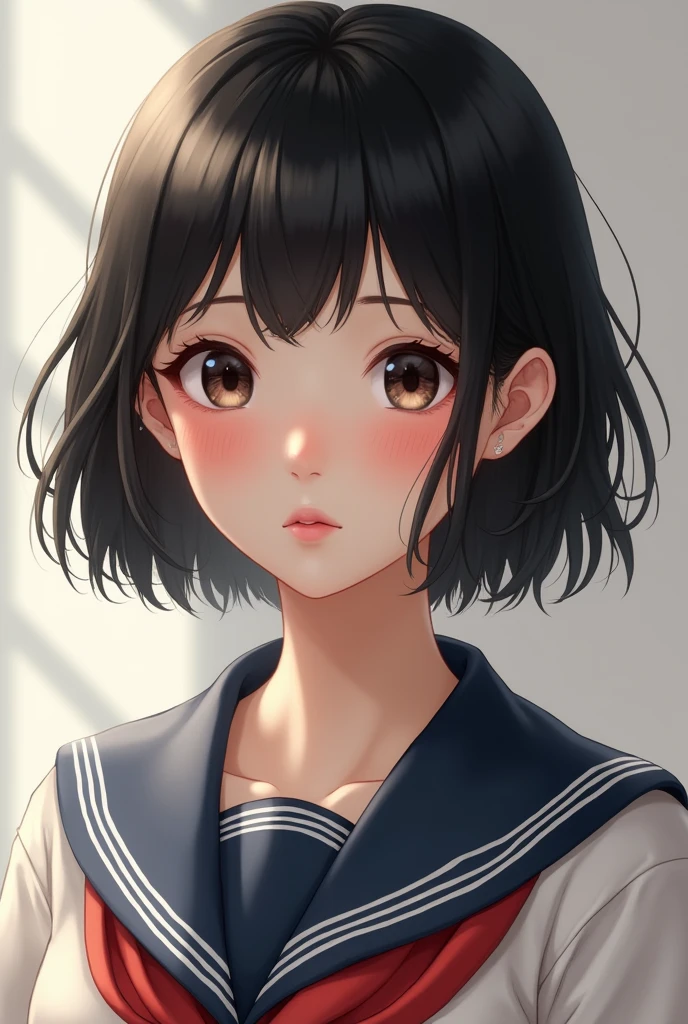 something realistic: a light skinned girl, round eyes, eyebrows and eyelashes that highlight your face in a good way, small nose, low forehead, chubby cheeks, slim body and hourglass shape. with school uniform, semi wavy black hair, with a cut of Wolft cut. That she looks like a real girl and looks more youthful and more serious