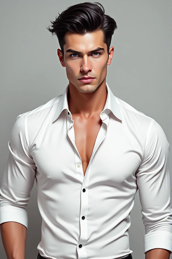 A model of a sexy naked man only wearing an unbuttoned shirt, handsome face,black hair,abbs, penis, testicles, homoerotic, nsfw 