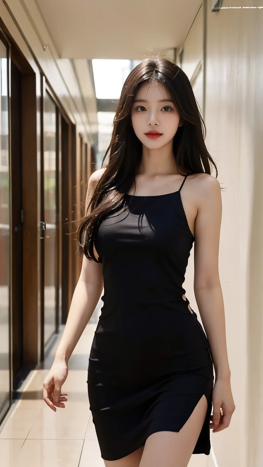 1 Girl,corridor,Soft Light,Chinese Beauty,Tight Fit,dress,Dark-haired,long hair,