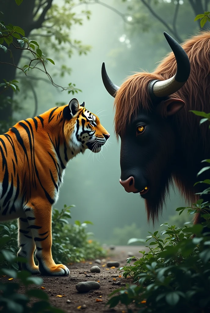 Tiger and the yalk animal are standing in the jungle with the dangerous faces