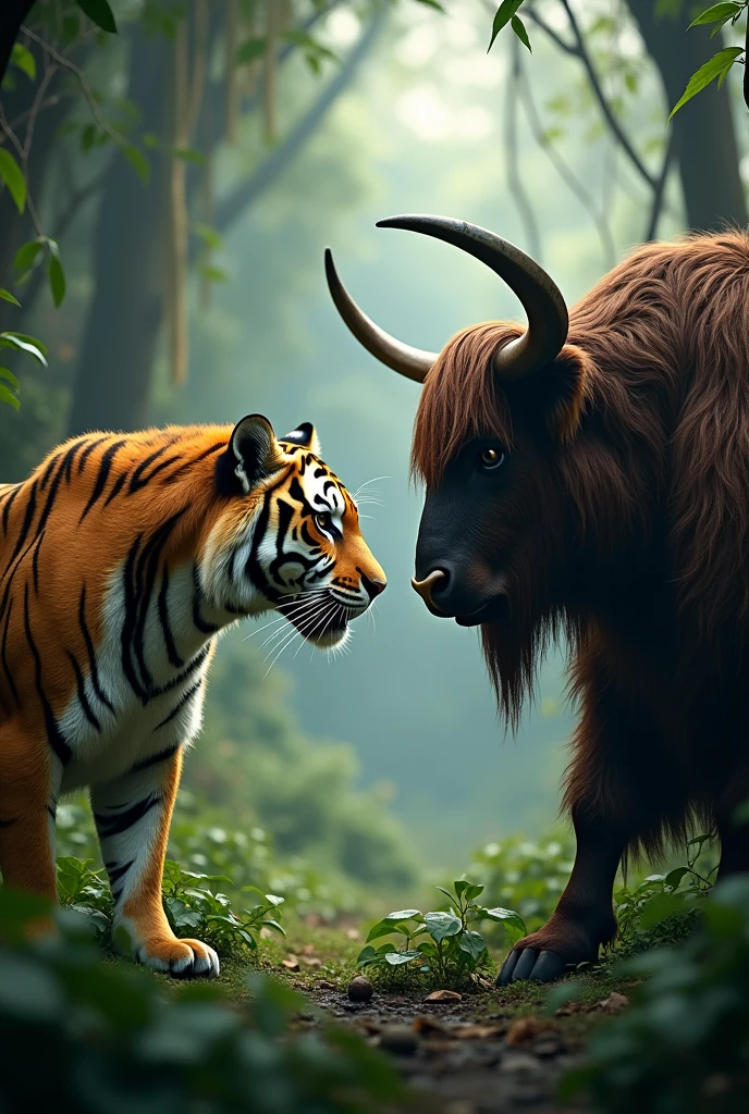 Tiger and the yalk animal are standing in the jungle with the dangerous faces
