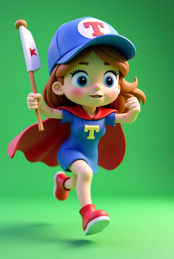 Create a mascot for a politician in the shape of a blue cap, with red cover, heroine dress, with a T on the chest, holding a white flag while running, running for mayor, with 3D green background