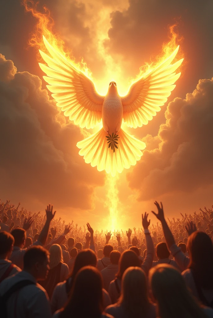 an image of the representation of the holy spirit in the form of a dove covered in flames, with an olive branch in his mouth. coming down from the sky and with people below of all ethnicities looking at the pomp in awe.
and other people in the background of the image running away scared