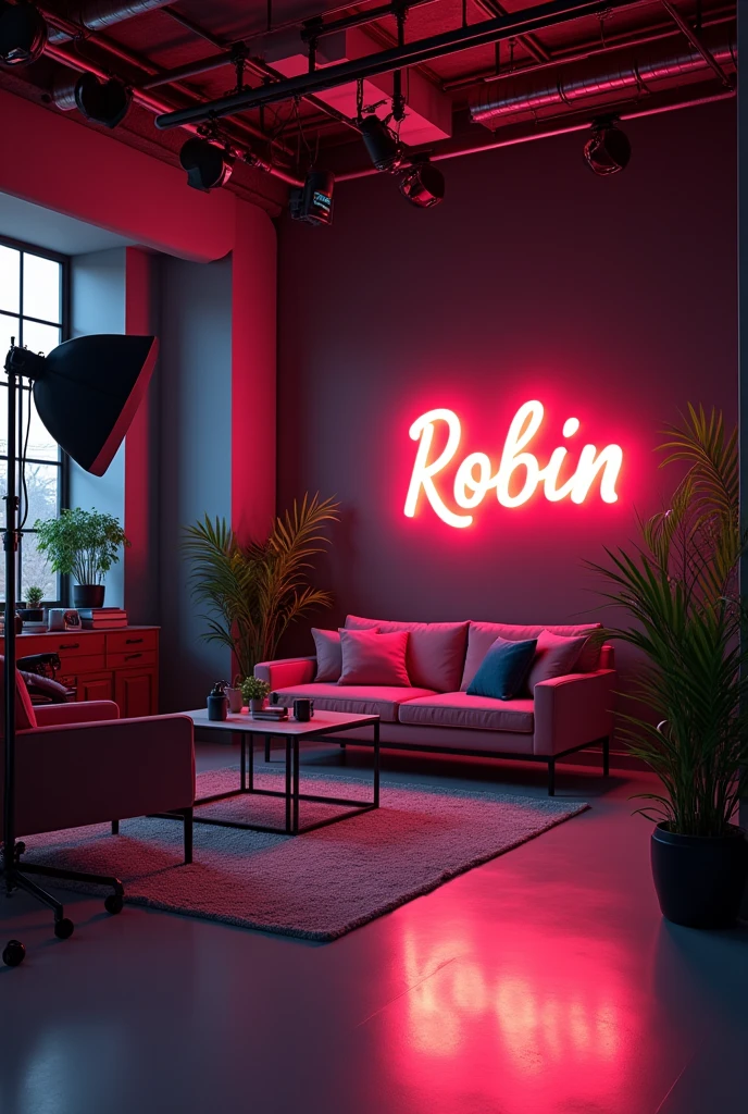 creat an image of expensive YouTube studio room with a subtle neon board with statement in bold "Robin" . make sure that none of the letters in the text is misspelled .