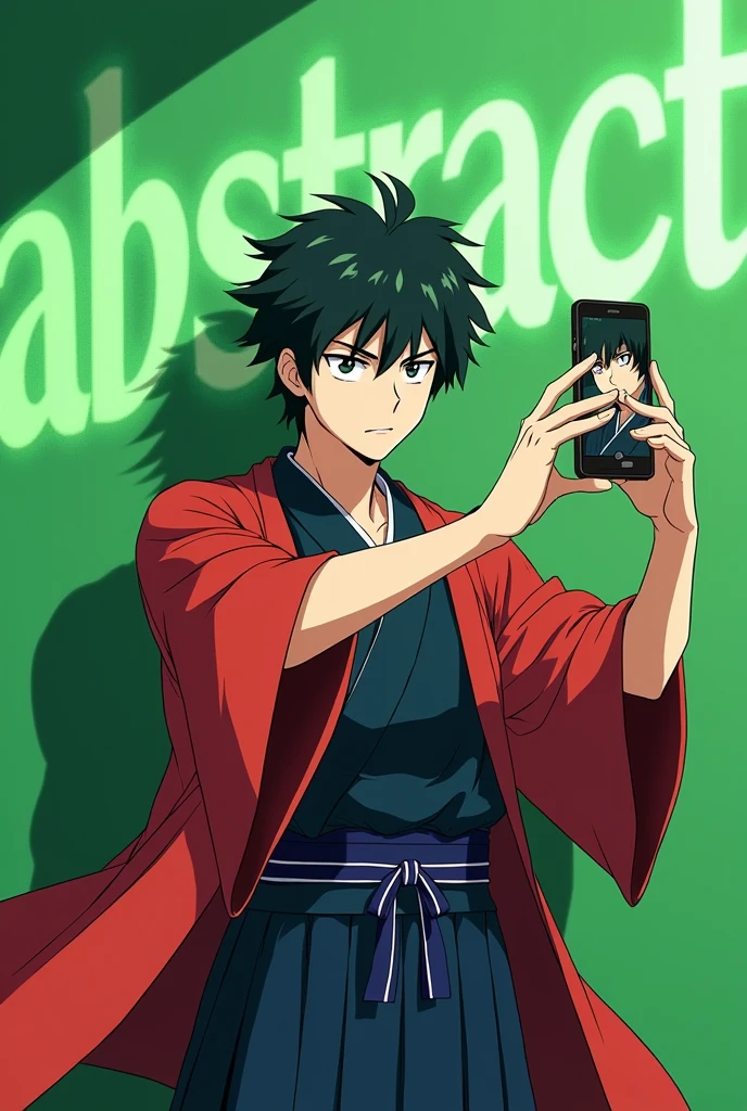 anime tanjiro taking a selfie with a green wall with the green words ABSTRACT which is written on the wall clearly