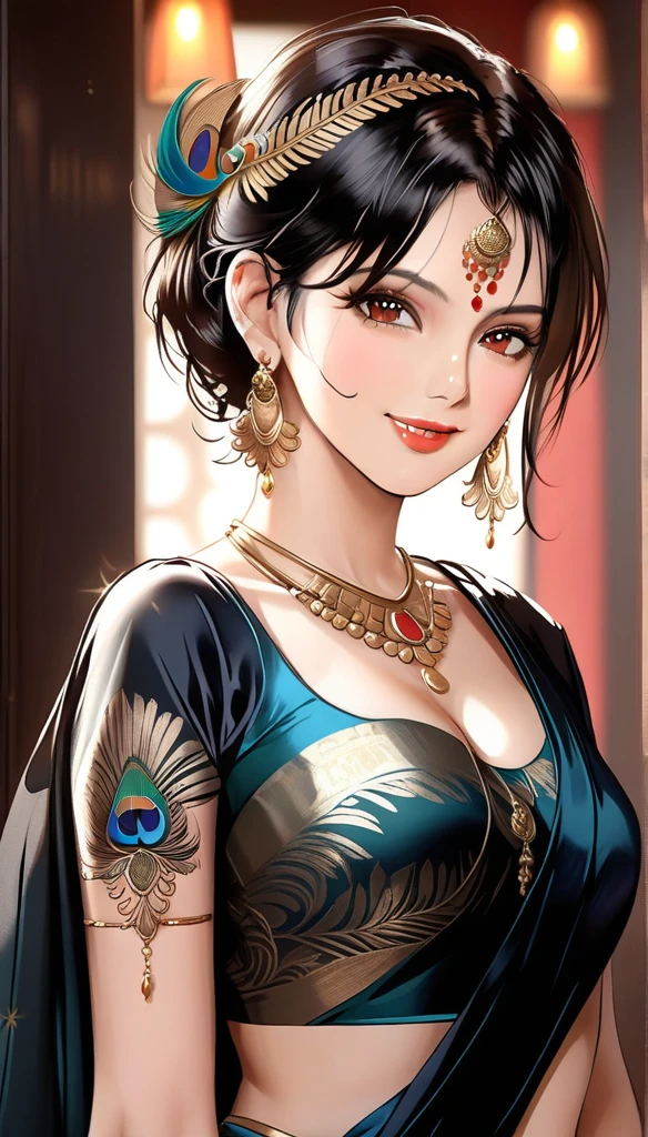 A beautiful mature woman bending down, intricate peacock feather earrings, detailed alluring eyes, smooth lips, smiling, red lipstick, exposed navel, bangles, saggy breasts, photorealistic, 8k, high quality, masterpiece, cinematic lighting, vibrant colors, intricate details, short messy hair, tattoo on neck, plain silk black traditional saree