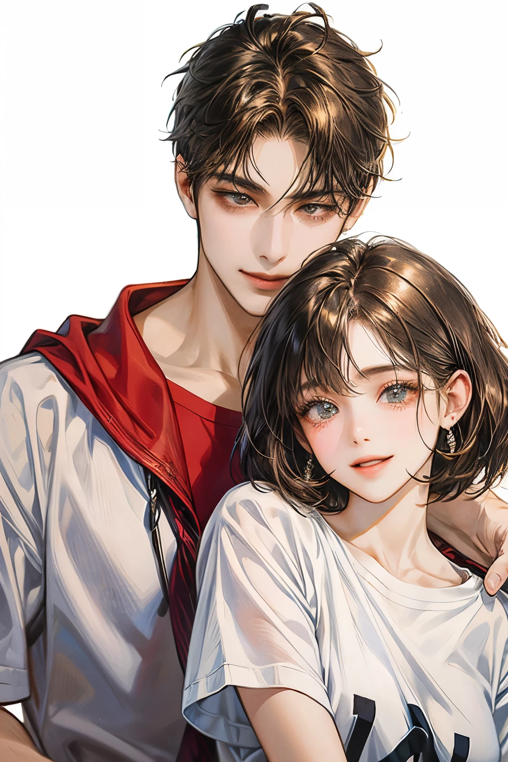 Young Couple, high resolution, Masterpiece, qualityที่ดีที่สุด, details, detailsสูง, quality, Anatomically correct, โมเดลhigh resolution, detailsมาก, high resolutionสุด, black hair, brown hair, รอยsmileชั่วร้าย, smile, simple background, Lots of white background, two men, MSM, t-shirt