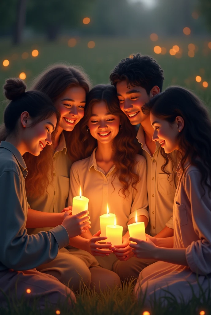 Image of a circle of friends holding candles or lanterns, symbolizing the light and hope that friendship brings to everyone's lives.