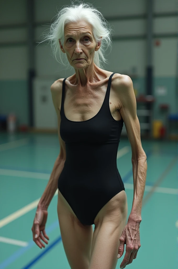 AN OLD WOMAN, quite lean, with white hair, in a gym wearing a black swimsuit and showing her thin legs and feet