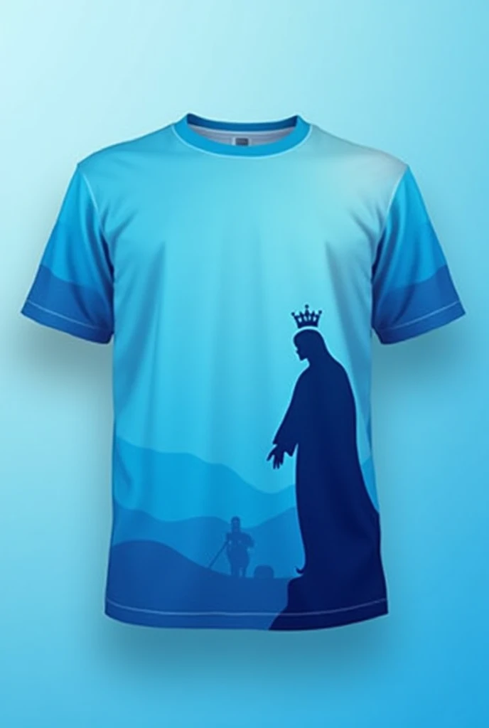 Shirt design in blue gradient with the silhouette of the Virgin of Coromoto on one side small and only on the edge