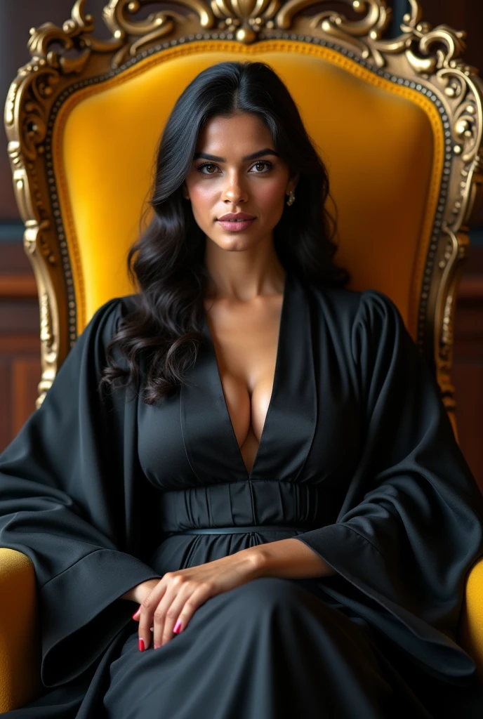 wearing black full body Academic regalia (big breasts 1.2,butt ) beautiful sri lankan wealthy girl(age 25) foward sit in chair( indian yellow color)