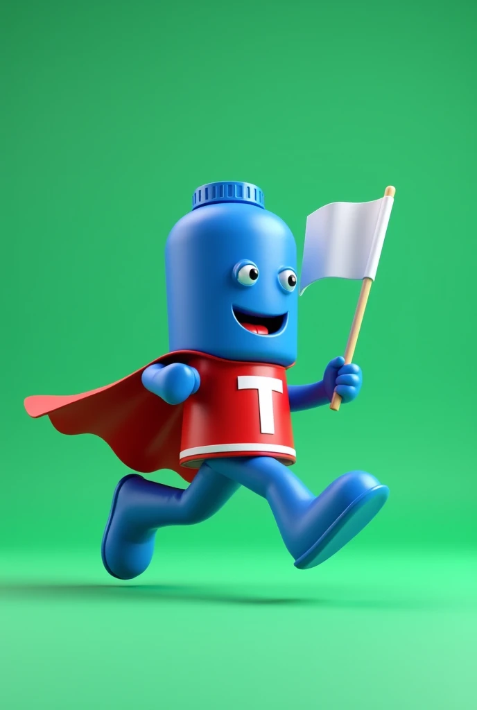Create a mascot for a politician in the shape of a blue bottle cap, with red cover, heroine dress, with a T on the chest, holding a white flag while running, running for mayor, with 3D green background