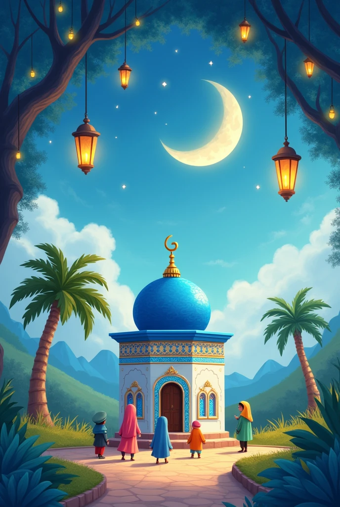 Make a book cover.
- blue and white small mosque with a small palm tree and some designs. Mosque in two side. In the middle kids.
- put some lanterns
- include sky with moon and stars in day time
- make picture very colorful
- make picture cartoon style