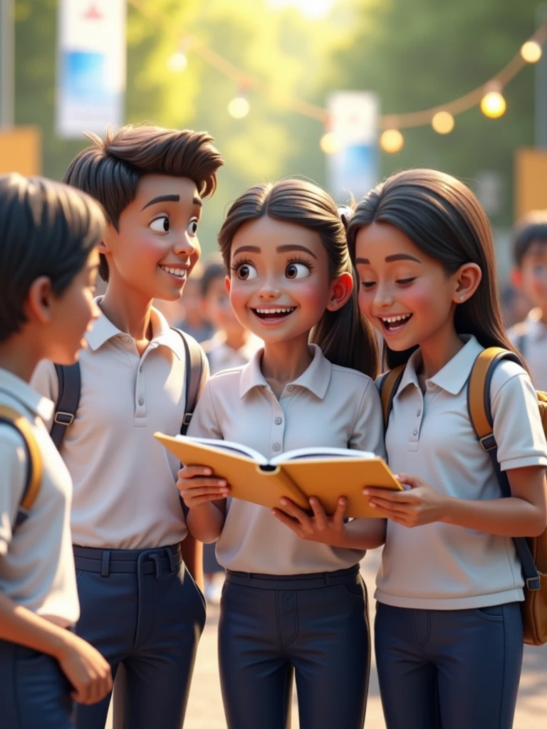 An ultra-realistic 3D image of a group of diverse students, to 18, wearing school uniforms consisting of white shirts and blue pants. The students are gathered outdoors in a bright, inviting setting, captured in a joyful moment of interaction, such as laughing, talking, and engaging in activities like reading or playing. The characters have highly detailed, lifelike features, with natural skin textures and expressions, and the uniforms are rendered with realistic fabric textures. The background includes subtle decorations, such as banners and posters promoting Statewide Student Week. The scene is presented in 8K resolution, ideal for a compelling and professional promotional campaign."