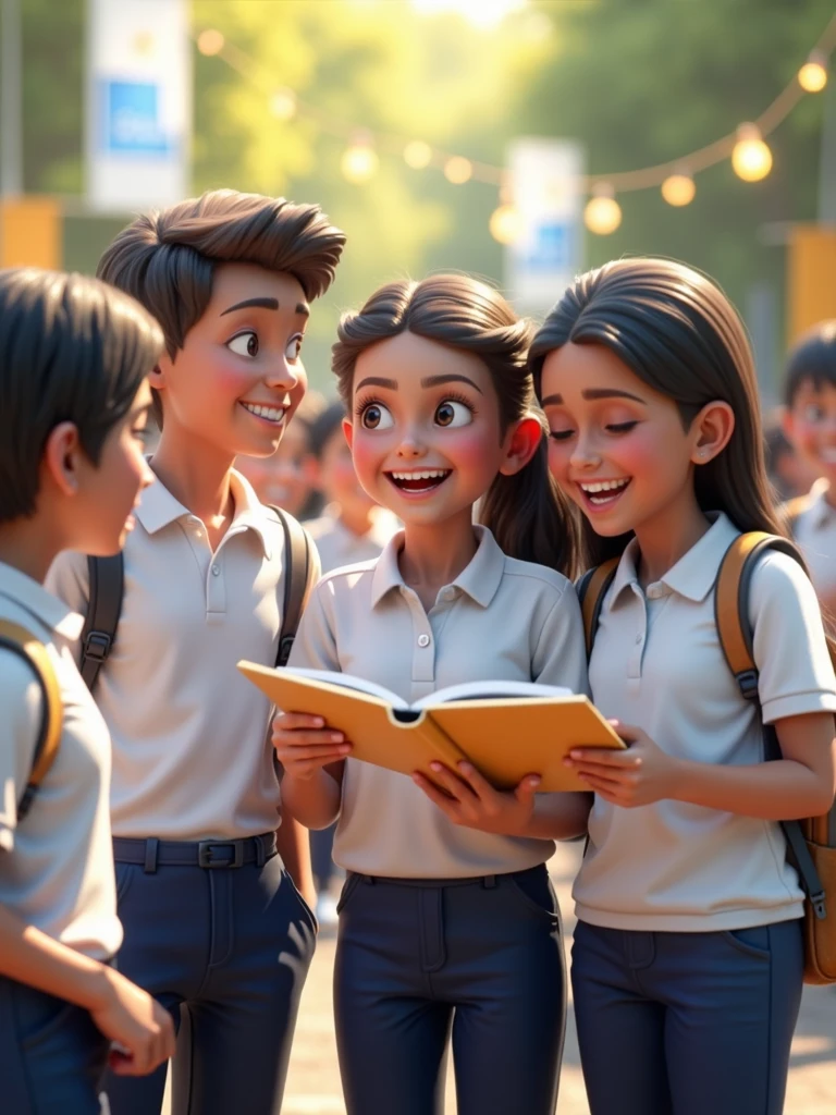 An ultra-realistic 3D image of a group of diverse students,  to 18, wearing school uniforms consisting of white shirts and blue pants. The students are gathered outdoors in a bright, inviting setting, captured in a joyful moment of interaction, such as laughing, talking, and engaging in activities like reading or playing. The characters have highly detailed, lifelike features, with natural skin textures and expressions, and the uniforms are rendered with realistic fabric textures. The background includes subtle decorations, such as banners and posters promoting Statewide Student Week. The scene is presented in 8K resolution, ideal for a compelling and professional promotional campaign."