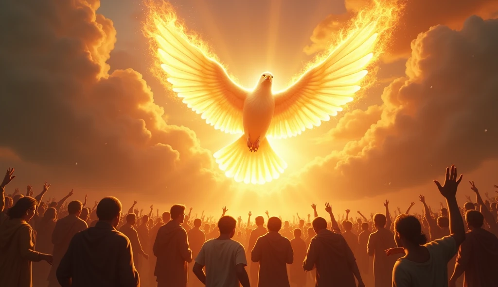 an image of the representation of the holy spirit in the form of a dove covered in flames, with an olive branch in his mouth. coming down from the sky and with people below of all ethnicities looking at the pomp in awe.
and other people in the background of the image running away scared