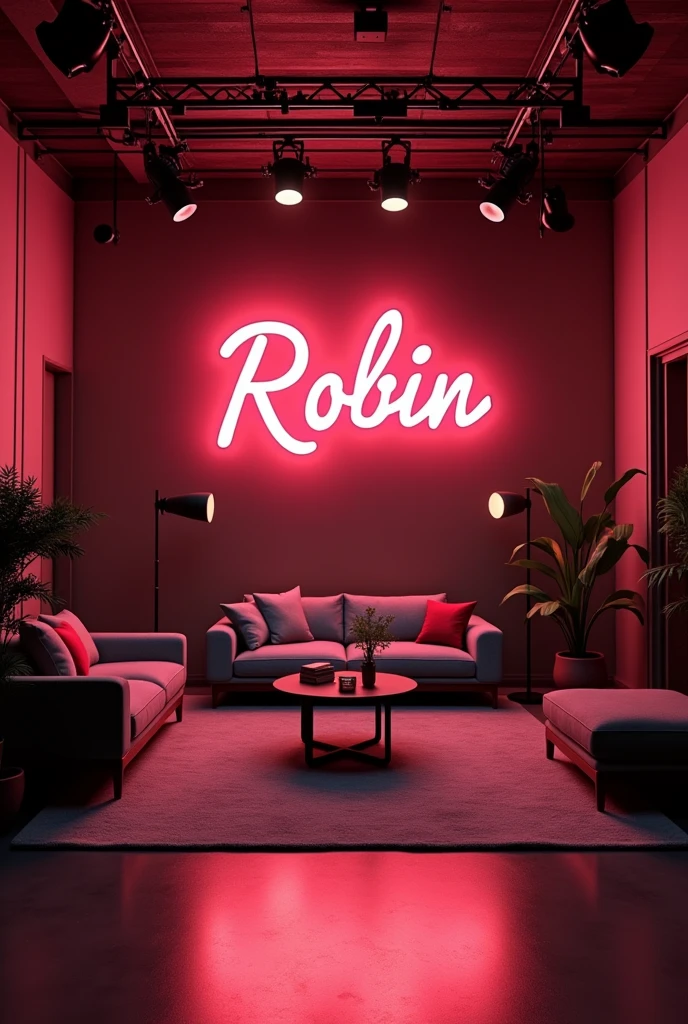 creat an image of expensive YouTube studio room with a subtle neon board with statement in bold "Robin" . make sure that none of the letters in the text is misspelled . 