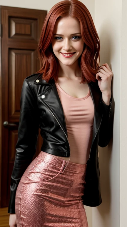 Evan Rachel Wood wearing sexy otaku girl clothes with lipstick and smiling